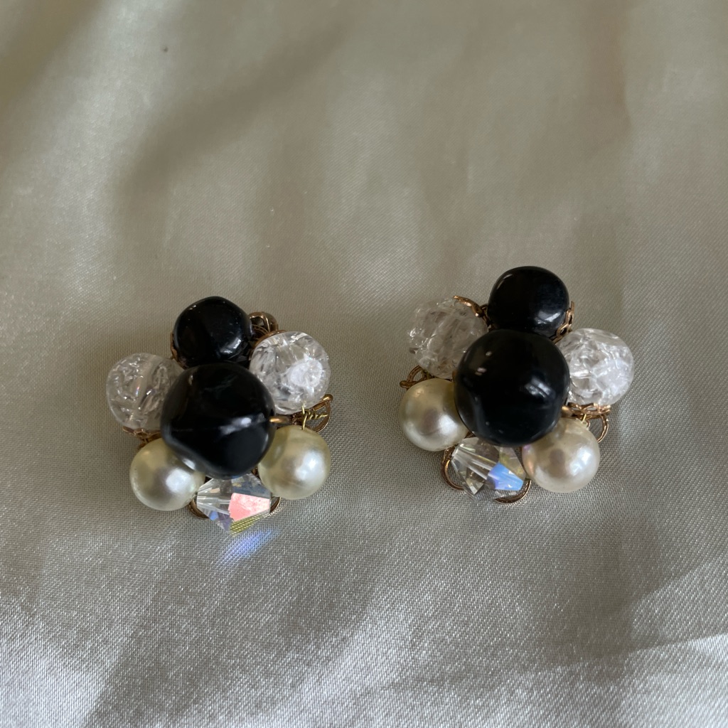 Mid Century Faux Pearl Black Glass Bead Clip Earrings